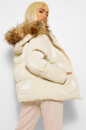 boohoo High Shine Faux Fur Trim Puffer ~ shiny cream jackets