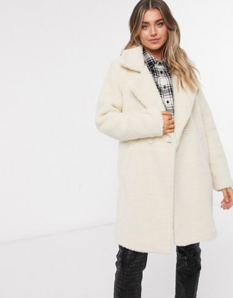 Hollister teddy longline coat in cream ~ textured winter coats - flipped