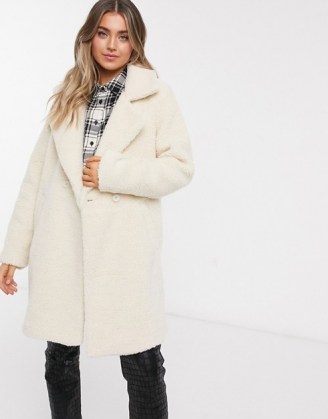 Hollister teddy longline coat in cream ~ textured winter coats