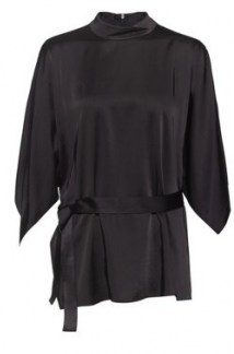 HUGO BOSS Cilaia Belted top with kimono-style sleeves and stand collar / black contemporary high neck tops - flipped