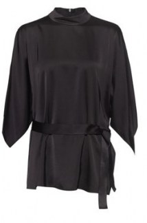 HUGO BOSS Cilaia Belted top with kimono-style sleeves and stand collar / black contemporary high neck tops