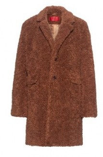 HUGO BOSS Mellia Button-through coat in teddy fabric / brown faux fur textured coats / neutral winter outerwear - flipped