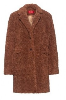 HUGO BOSS Mellia Button-through coat in teddy fabric / brown faux fur textured coats / neutral winter outerwear
