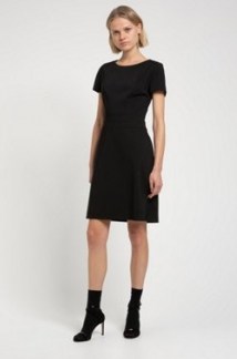 HUGO BOSS Kasella Short-sleeved shift dress in worsted stretch virgin wool / versatile lbd / smart workwear dresses - flipped