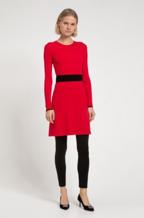HUGO BOSS Seagery Slim-fit knitted dress with contrast waistband / red knit dresses - flipped
