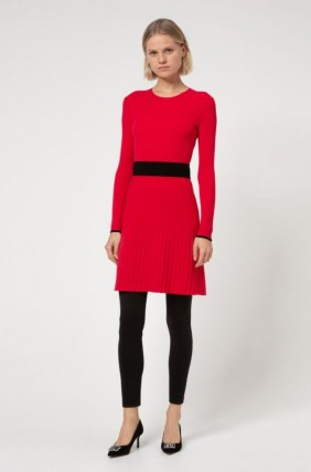 HUGO BOSS Seagery Slim-fit knitted dress with contrast waistband / red knit dresses