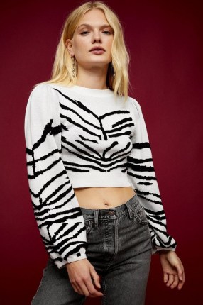 IDOL Black And White Zebra Print Puff Cropped Knitted Jumper | monochrome crop hem jumpers - flipped