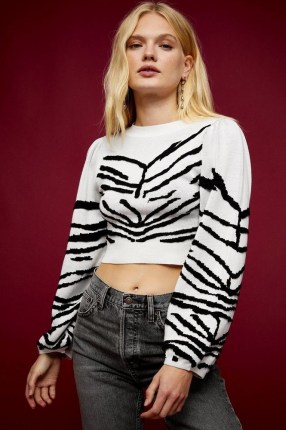 IDOL Black And White Zebra Print Puff Cropped Knitted Jumper | monochrome crop hem jumpers