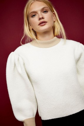 Topshop IDOL Boucle Contrast Turn Up Knitted Jumper | volume sleeve jumpers