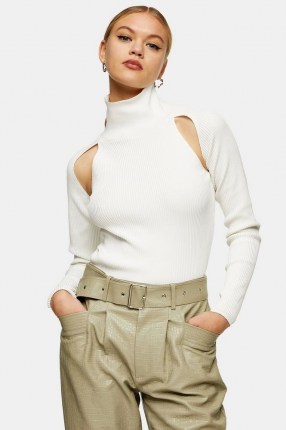 Topshop Ivory Spliced Roll Neck Knitted Top | chic high neck cut out tops - flipped