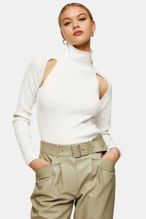 Topshop Ivory Spliced Roll Neck Knitted Top | chic high neck cut out tops