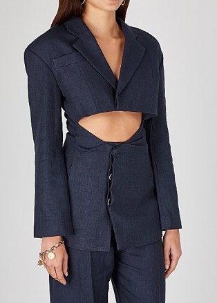 JACQUEMUS La Veste Arles navy linen-blend blazer ~ cut out waist blazers ~ blue cutaway jackets ~ contemporary fashion - flipped
