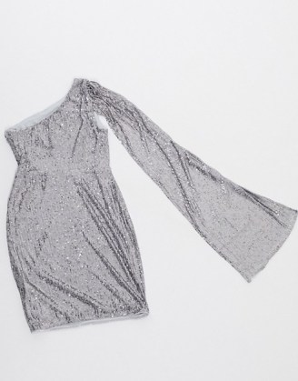 Jaded Rose Tall exclusive sequin one shoulder mini dress with with fluted sleeve in gunmetal ~ glittering going out dresses