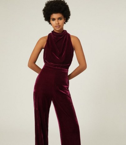 Reiss JOAN VELVET HIGH NECK JUMPSUIT BERRY – evening glamour – sleeveless jumpsuits – rich colours for autumn / winter events - flipped