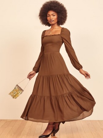 REFORMATION Kellie Dress in Cinnamon ~ brown tiered maxi