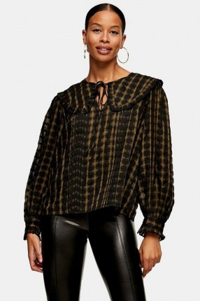 TOPSHOP Khaki Check Collar Blouse – oversized collars – checked blouses - flipped