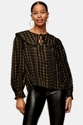 TOPSHOP Khaki Check Collar Blouse – oversized collars – checked blouses