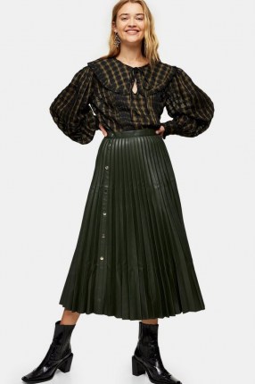 TOPSHOP Khaki Pleated PU Button Down Midi Skirt ~ dark-green faux leather skirts - flipped