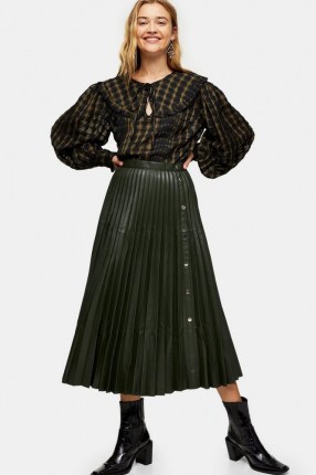 TOPSHOP Khaki Pleated PU Button Down Midi Skirt ~ dark-green faux leather skirts