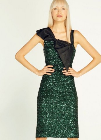 L.K. BENNETT KITT GREEN SEQUIN BOW DETAIL DRESS / sequinned party dresses - flipped