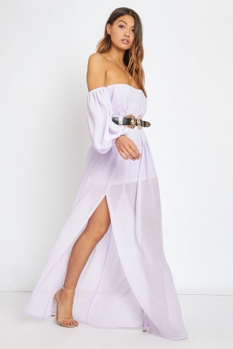 In The Style LILAC BARDOT WESTERN BELTED SPLIT FRONT MAXI DRESS ~ part sheer off the shoulder dresses - flipped