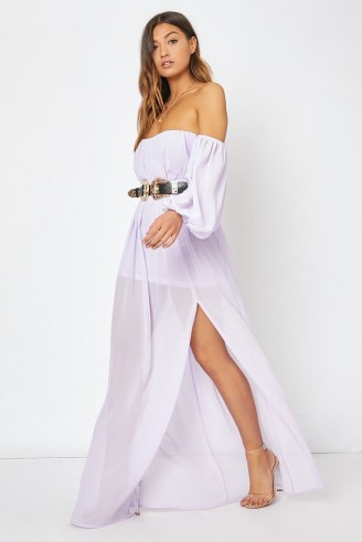 In The Style LILAC BARDOT WESTERN BELTED SPLIT FRONT MAXI DRESS ~ part sheer off the shoulder dresses