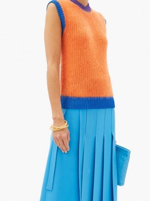 VALENTINO Logo-embroidered ribbed mohair-blend tank top – colour block knitted tanks – bright orange soft knit tops - flipped