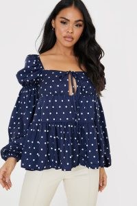 LORNA LUXE NAVY POLKA DOT ‘TOULA’ BLOUSE ~ square neck blouses ~ blousy tiered tops