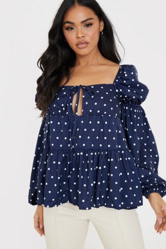 LORNA LUXE NAVY POLKA DOT ‘TOULA’ BLOUSE ~ square neck blouses ~ blousy tiered tops - flipped