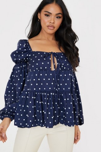 LORNA LUXE NAVY POLKA DOT ‘TOULA’ BLOUSE ~ square neck blouses ~ blousy tiered tops