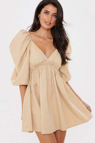 LORNA LUXE TAN ‘ARIA’ EXAGGERATED PUFF SLEEVE BABYDOLL DRESS ~ plunge front dresses - flipped