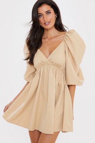 LORNA LUXE TAN ‘ARIA’ EXAGGERATED PUFF SLEEVE BABYDOLL DRESS ~ plunge front dresses