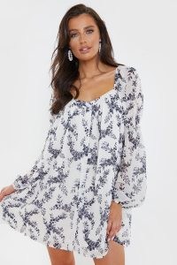 LORNA LUXE WILLOW PRINT ‘ELOISE’ CHIFFON SQUARE NECK BUTTON DOWN SMOCK DRESS ~ puff sleeve dresses