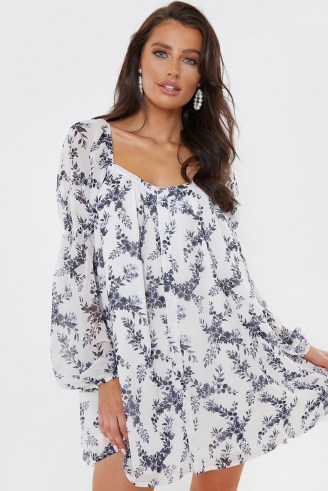 LORNA LUXE WILLOW PRINT ‘ELOISE’ CHIFFON SQUARE NECK BUTTON DOWN SMOCK DRESS ~ puff sleeve dresses - flipped
