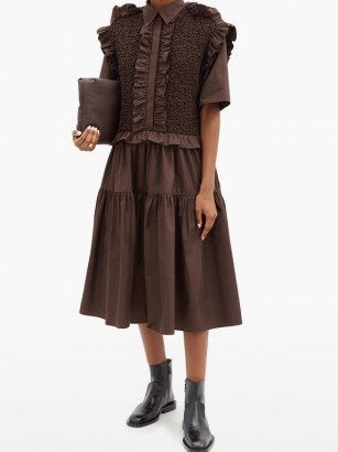 CECILIE BAHNSEN Lydia smocked ruffled cotton-poplin shirt dress in brown ~ pretty ruffle trim dresses