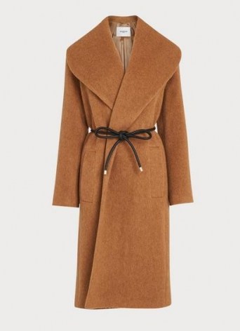 LK BENNETT MANON CAMEL WOOL-BLEND SHAWL COLLAR COAT / classic brown wide collar winter coats - flipped