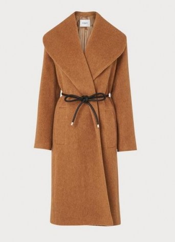 LK BENNETT MANON CAMEL WOOL-BLEND SHAWL COLLAR COAT / classic brown wide collar winter coats