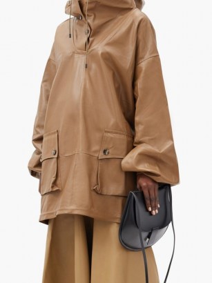 PETAR PETROV Marjan hooded longline leather jacket / camel-brown oversized hooded jackets / pullover tunic style outerwear - flipped