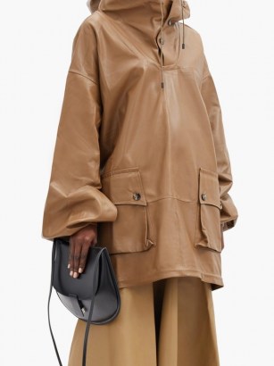 PETAR PETROV Marjan hooded longline leather jacket / camel-brown oversized hooded jackets / pullover tunic style outerwear