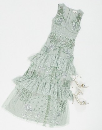 Maya lace embellished ruffle hem maxi dress in sage green | ruffled party dresses | tiered detail occasion fashion