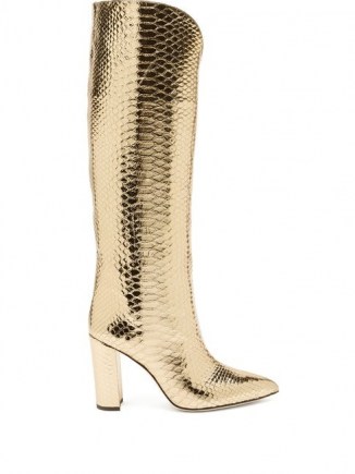 PARIS TEXAS Metallic knee-high python-effect leather boots ~ gold snake embossed boot