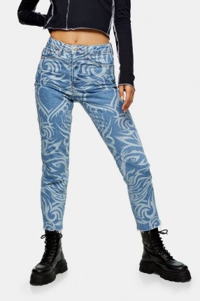 Topshop Mid Blue Lazer Print Straight Jeans | printed denim