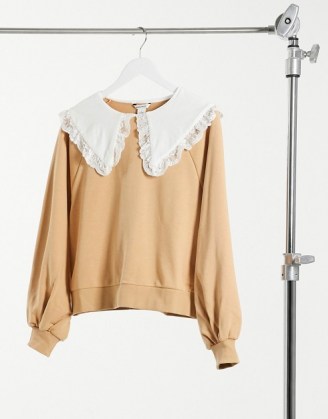 Monki Selma cotton sweatshirt with collar in beige – oversized collared sweatshirts