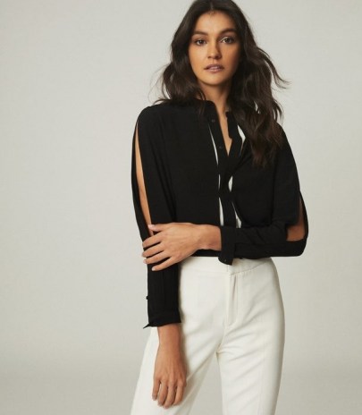 REISS NORA SPLIT DETAIL BLOUSE BLACK / contemporary open sleeve blouses / slit sleeves - flipped