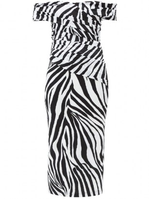 HALPERN Off-the-shoulder zebra-print jersey dress / monochrome evening wear / black and white animal print bardot dresses - flipped