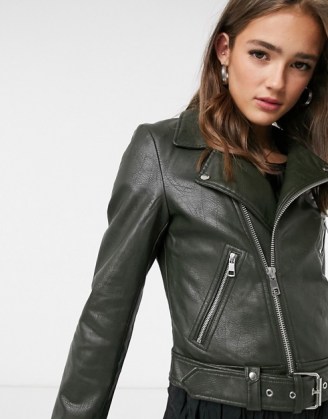 Only faux leather jacket in khaki ~ dark green biker jackets ~ zip detail - flipped
