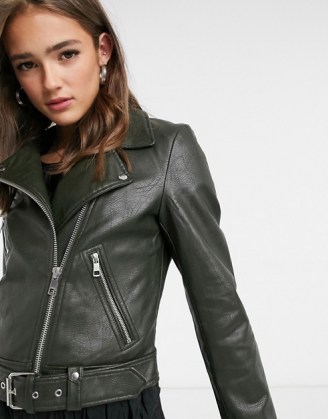 Only faux leather jacket in khaki ~ dark green biker jackets ~ zip detail