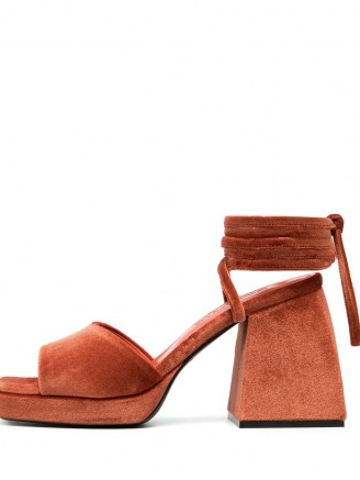 Nodaleto ankle tie platform sandals in tangerine orange – block heel platforms - flipped