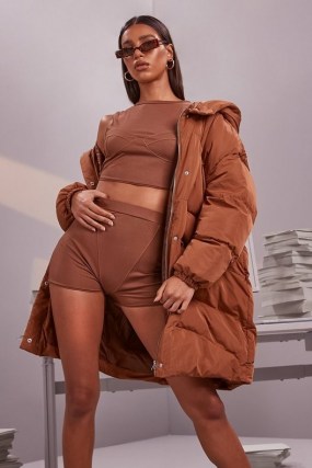 boohoo Oversized Cocoon Puffer ~ padded winter outerwear ~ orange-brown hooded coats