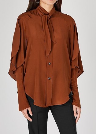 PETAR PETROV Brown silk crepe de chine blouse ~ ruffle sleeve blouses ~ autumn tones - flipped